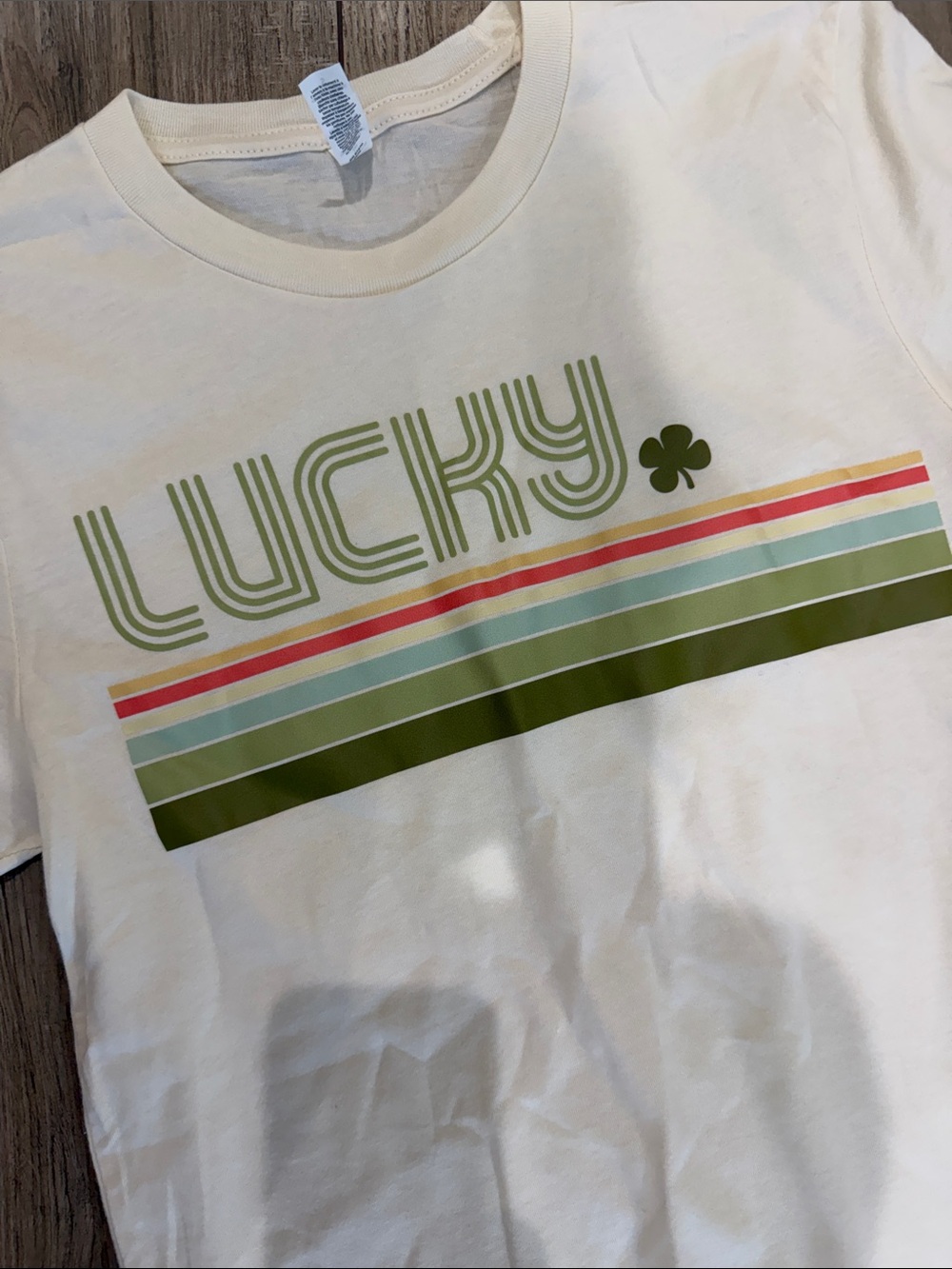 Bella Canvas White Tee with Green and Orange Stripe 'LUCKY' Graphic - Picture 2 of 3